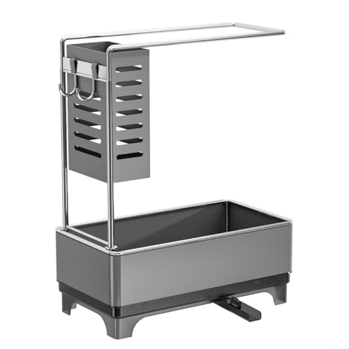 UTTASU Multifunktionaler Küchenspüle-Organizer mit Schwammhalter, Seifenspender, Besteckhalter, Handtuchstange für Badezimmer, Theke, Aufbewahrung (grau) von UTTASU