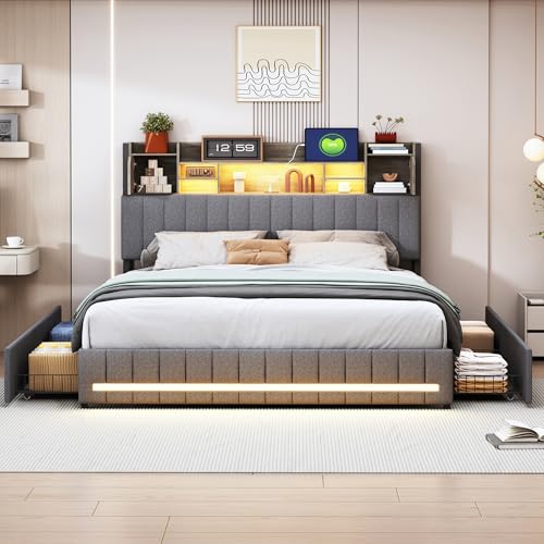 Bett 140 x 190 cm, Doppelbett, 140 x 190 cm, mit LED-Beleuchtung und Steckdose 4 Schubladen, gepolstertes Bett mit Aufbewahrung, kein Lattenrost erforderlich, für Erwachsene und Jugendliche, modern von UTTQEW