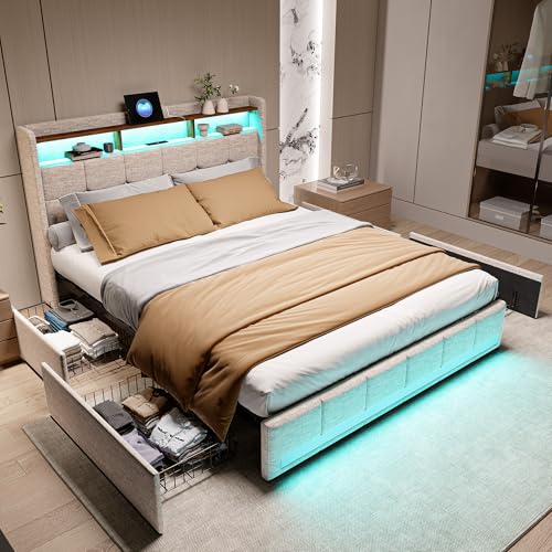 Doppelbett, 160 x 200 cm mit Lattenrost, Bett 160 x 200 cm mit LED und USB-Aufladung, Typ-C, Doppelbett mit 4 Schubladen und Kopfteil, Lattenrost, ohne Matratze, Leinen, Beige von UTTQEW