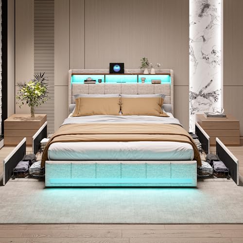 Doppelbett, 160 x 200 cm mit Lattenrost, Bett 160 x 200 cm mit LED und USB-Aufladung, Typ-C, Doppelbett mit 4 Schubladen und Kopfteil, Lattenrost, ohne Matratze, Leinen, Grau (Beige, 140 x 190 cm) von UTTQEW