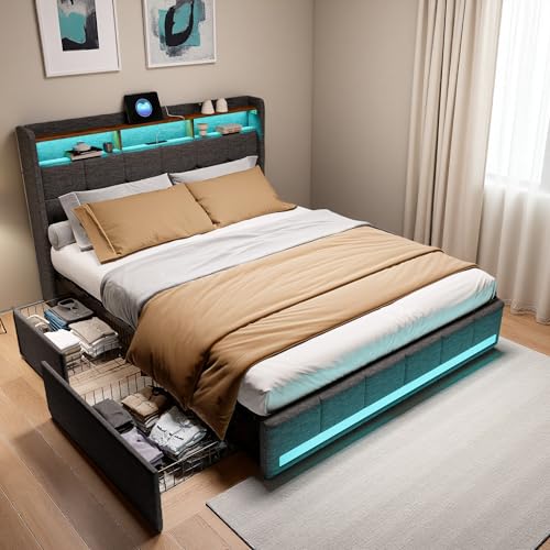 Doppelbett, 160 x 200 cm mit Lattenrost, Bett 160 x 200 cm mit LED und USB-Aufladung, Typ-C, Doppelbett mit 4 Schubladen und Kopfteil, Lattenrost, ohne Matratze, Leinen, Grau von UTTQEW