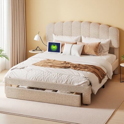 Polsterbett, 140 x 200 cm, Doppelbett mit Schublade und USB-Anschluss, Bett mit Lattenrost und höhenverstellbarem Kopfteil, Teddy Samt, Beige (Beige, 140 x 200 cm) von UTTQEW