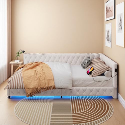 Schlafsofa 140 x 200 cm, 2-Sitzer-Bett mit LED und USB- und Typ-C-Ladegerät, gepolstertes Doppelbett mit Lattenrost, Bettgestell 140 x 200 cm, ohne Matratze, Teddy Samt, Beige von UTTQEW