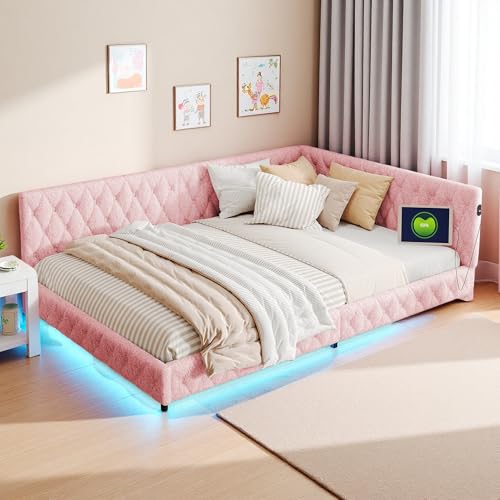 Schlafsofa 140 x 200 cm, 2-Sitzer-Bett mit LED und USB- und Typ-C-Ladegerät, gepolstertes Doppelbett mit Lattenrost, Bettgestell 140 x 200 cm, ohne Matratze, Teddy Samt, rosa von UTTQEW