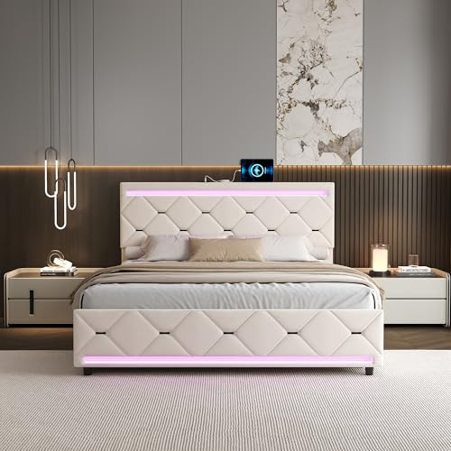 UTTQEW Doppelbett, 140 x 200 cm, mit LED- und USB-Beleuchtung, Bettkasten 140 x 200 cm mit 4 Schubladen und Lattenrost, gepolstertes Bett mit Kopfteil, ohne Matratze, Samt, Beige von UTTQEW