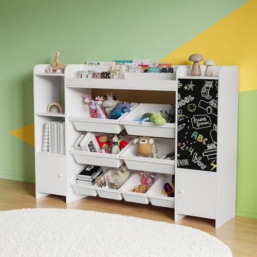 UTTQEW Kinderregal mit Bücherregal, Kinderschrank Holz Bücherregal für Kinder mit Aufbewahrungsbox, Kinderzimmer Möbel mit Spielzeugkiste, 4-Stöckige Multifunktionale Ablage, 137x28.2x94.5 cm, Weiß von UTTQEW