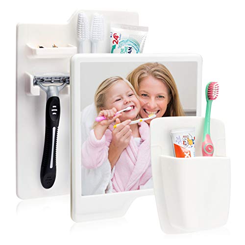 Utile 3er-Set Selbstklebender Zahnbürstenhalter - Badezimmer Set inklusive Rasierhalter und Badspiegel für Kinder und Erwachsene -Halterung für Zahnbürste, Rasierer u.v.m.- weiß von UTiLE CB