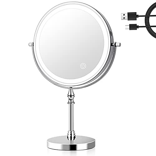 UUCOLOR Kosmetikspiegel LED Beleuchtet mit 1x/10x Vergrößerung, 3 Einstellbaren Lichtfarben Schminkspiegel mit Touchschalter USB Aufladen, Rasierspiegel 360° Schwenkbar für Badezimmer und Zuhause von UUCOLOR