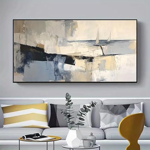 Großes, modernes, abstraktes Ölgemälde auf Leinwand, Wandkunst, Dekoration, Blau und Beige, für Wohnzimmer, Schlafzimmer, Flurdekoration (70 x 140 cm/28 x 55 Zoll) mit schwarzem Rahmen von UUDEZO