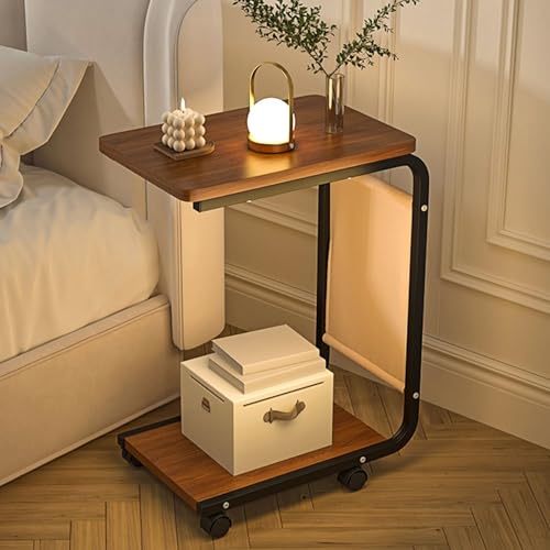 UUE Beistelltisch, Couchtisch Holz, Sofatisch mit Rollen, mobiler Kaffeetisch, Computer-Beistelltisch, Notebooktisch Walnuss-Optik für Wohnzimmer, Schlafzimmer, 40 x 28 x 63 cm von UUE