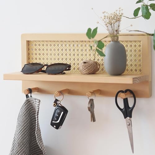 UEE Coat Rack Wandgarderobe, Wooden Wall Hooks mit Ablage Wandgarderobe mit Ablage for Living Room, Bathroom & Bedroom | Natural Wood Wall Shelf with 4 Hooks von UUE