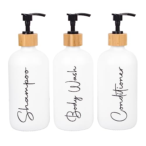 482 ml Shampoo und Conditioner Pumpflaschen Seifenspender Bambus Pumpkopf leeres Glas nachfüllbar Shampoo Conditioner Body Wash Seifenflaschen für Badezimmer, 3 Stück, Weiß von UUJOLY