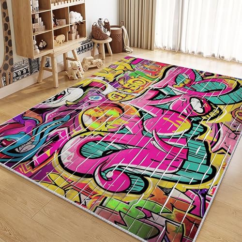 UUZEAI Abstrakte Graffiti Teppiche für Spielzimmer Schlafzimmer, Hip Hop Stil Bunt Street Art Design, Waschbar rutschfest Kurzflor Teppich für Wohnzimmer Esszimmer 60x180cm UUZEAI Abstrakte Graffiti Teppiche für Spielzimmer Schlafzimmer, Hip Hop Stil Bunt Street Art Design, Waschbar rutschfest Kurzflor Teppich für Wohnzimmer Esszimmer 60x180cm von UUZEAI