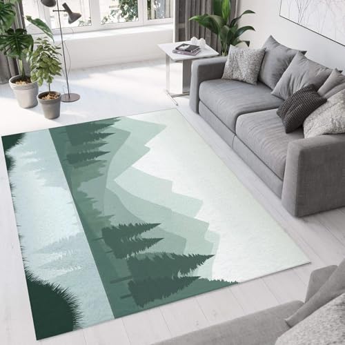 UUZEAI Abstrakter Moderne Teppich Wohnzimmer Hellgrüner Aquarell Kiefernwald Berg Landschaft Teppich für Schlafzimmer Flur Büro Dekor Waschbar rutschfeste Innen Bodenmatte 40x60cm von UUZEAI