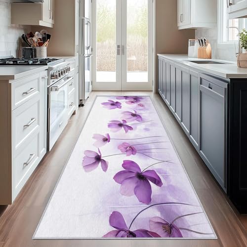 UUZEAI Aquarell Blume Teppich Läufer Flur, Waschbar Kücheläufer Teppich Lila Blumen, Weich Kurzflor rutschfest Teppiche für Schlafzimmer Wohnzimmer Eingang 120x210cm UUZEAI Aquarell Blume Teppich Läufer Flur, Waschbar Kücheläufer Teppich Lila Blumen, Weich Kurzflor rutschfest Teppiche für Schlafzimmer Wohnzimmer Eingang 120x210cm von UUZEAI