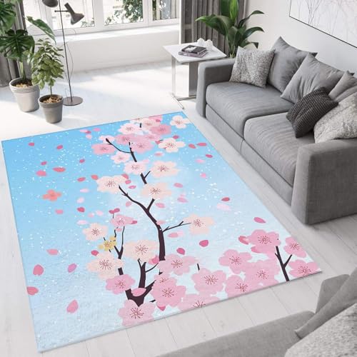 UUZEAI Aquarell-Floral Teppich Wohnzimmer Weicher Kurzflor Teppich Japanischer Stil Kirschblüten Design für Küche, Esszimmer und Schlafzimmer Waschbarer rutschfest Innenbodenmatte 120x170cm von UUZEAI