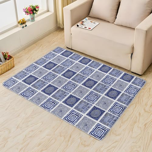 UUZEAI Blau-weißer Gingham-Teppich mit geometrischem Muster, waschbarer Vintage-Teppich im ethnischen Stil für Schlafzimmer und Wohnzimmer, rutschfeste Matte (40 x 60 cm) von UUZEAI