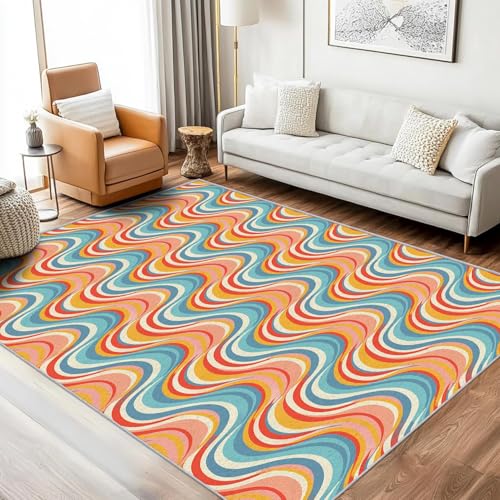 UUZEAI Bunte Abstrakte Modewllen Streifen Teppich Dekoration Schlafzimmer Kinderzimmer Wohnzimmer, Moderner Kurzflor Teppiche Waschbar rutschfest Fußmatte Innenbereich(100x120cm) von UUZEAI