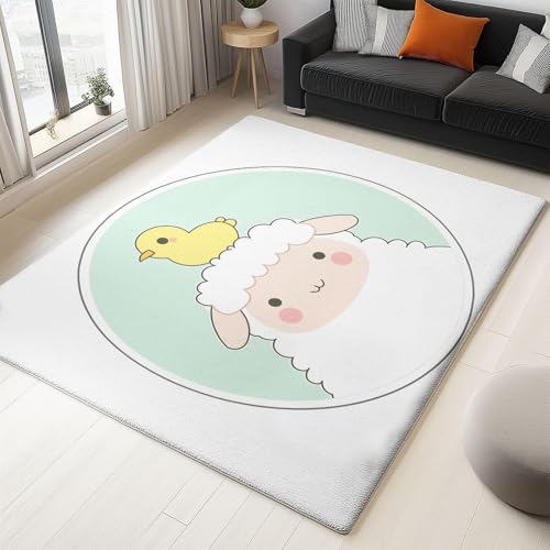 UUZEAI Cartoon Tier Kinderzimmer Teppich Grün Runde Schöner Schaf Design Dekor Teppiche für Wohnzimmer, Schlafzimmer, Babyzimmer, Weich Kurzflor Waschbar rutschfest Fussmatte Innen 90x180cm von UUZEAI