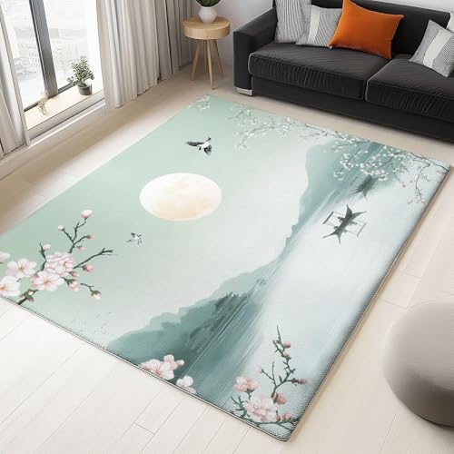 UUZEAI Chinesischer Stil Teppich Wohnzimmer Dekoration Kirschblüten Vögel Landschafts Malstil Weich rutschfest Waschbare Teppiche Kurzflor für Schlafzimmer, Esszimmer, Küchen(50x140cm) von UUZEAI