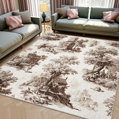 UUZEAI Dünn Teppich Waschbar Vintage Toile de Jouy Deko, Französisch Landhausstil Weich rutschfest Teppich Kurzflor für Wohnzimmer Schlafzimmer Eingangs Esszimmer, Braun(120x120cm) von UUZEAI