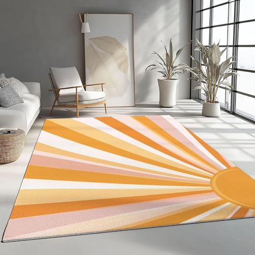 UUZEAI Einfach Linien Kunst Wohnzimmer Teppich Kreatives Sonnenschein Regenbogen Design Waschbarer rutschfest Teppich Waschbarer für Dekor Schlafzimmer, Orange(50x80cm) von UUZEAI