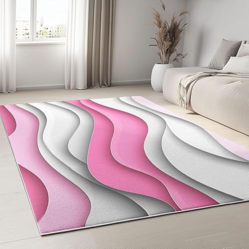 UUZEAI Groß Teppich Wohnzimmer Moderne Einfach Linien Welle Design Waschbar Weich rutschfest Teppiche für Schlafzimmer Flur Büro Dekor, Graue Weiß Rosa 90x150cm von UUZEAI
