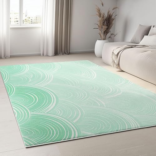 UUZEAI Grün Teppich Waschbare Wohnzimmer Boho Handgezeichnete Welle Geometrie Kurzflor Teppiche Schlafzimmer Deko, Weich rutschfeste Dünn Fussmatte Innen(120x160cm) von UUZEAI