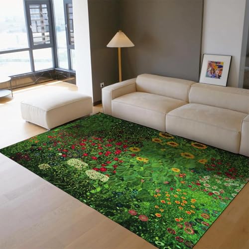 UUZEAI Gustav Klimt Teppiche für Wohnzimmer, Blumen Badezimmerteppich Grün Garten Schlafzimmerteppich Rustikaler, Rutschfester Waschbarer Teppiche für Eingangs Flur läufer 180x200cm von UUZEAI