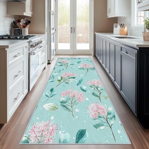UUZEAI Hell Grün Waschbarer Lang Flurteppich, rutschfest Teppich Kücheläufer Rosa Blumen Blätter, Weich Kurzflor Teppiche für Badezimmer Schlafzimmer Bettvorleger 60x100cm UUZEAI Hell Grün Waschbarer Lang Flurteppich, rutschfest Teppich Kücheläufer Rosa Blumen Blätter, Weich Kurzflor Teppiche für Badezimmer Schlafzimmer Bettvorleger 60x100cm von UUZEAI