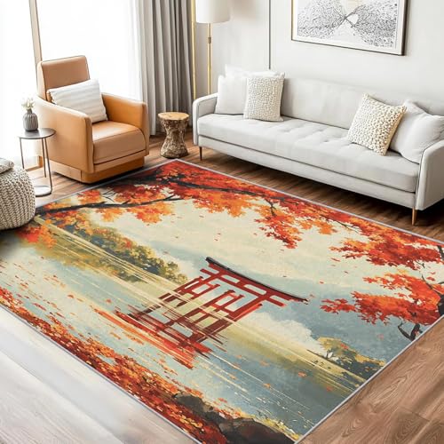 UUZEAI Herbst Landschaft Teppich Wohnzimmer Japanische Kirschblüten Kurzflor Teppiche für Dekoration Schlafzimmer Kinderzimmer Bauernhaus, rutschfest Waschbare Bodenmatte(50x140cm) von UUZEAI