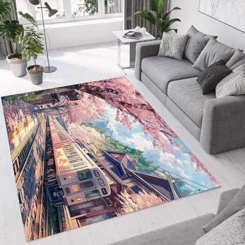 UUZEAI Japan Stil Teppiche Wohnzimmer, 3D Rosa Kirschblüten Zug Muster, Kurzflor Waschbarer Teppich für Schlafzimmer Flur Küche Weiche rutschfest Fußmatten 120x170cm UUZEAI Japan Stil Teppiche Wohnzimmer, 3D Rosa Kirschblüten Zug Muster, Kurzflor Waschbarer Teppich für Schlafzimmer Flur Küche Weiche rutschfest Fußmatten 120x170cm von UUZEAI