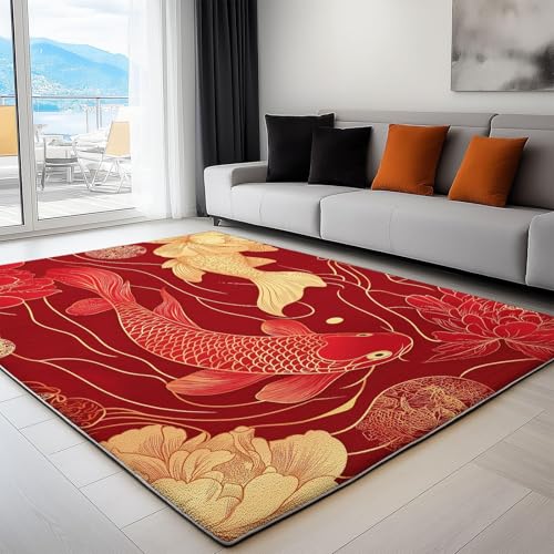 UUZEAI Japanische Karpfen Koi Teppich Wohnzimmer Schlafzimmer Kurzflor Asiatische Stil Dekoration Traditioneller Blumen Weich Waschbar Teppich für Wohnkultur rutschfest Fußmatte(60x110cm) von UUZEAI