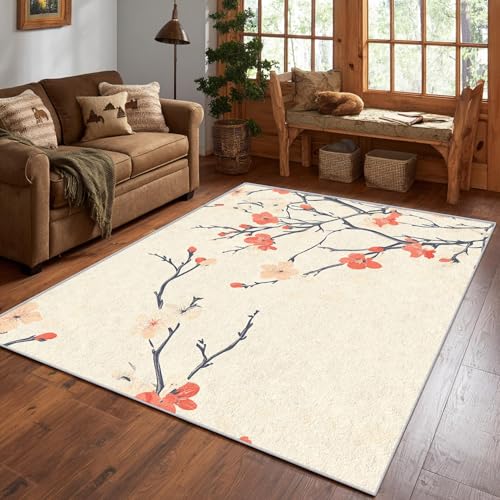 UUZEAI Japanischer Stil Kirschblüten Wohnzimmerteppich Frühlings Floral Botanische Waschbar Große Teppiche für Esszimmer Schlafzimmer Büro rutschfeste Innenbodenmatte, Beige(120x240cm) von UUZEAI