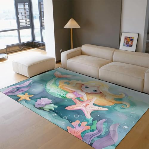 UUZEAI Kreativer Unterwasserwelt Kinderteppich für Junge Mädchen, Algen Meerjungfraumuster Teppich für Wohnzimmer Schlafzimmer Kinderzimmer, Weich rutschfest Waschbarer Teppiche 60x90cm von UUZEAI