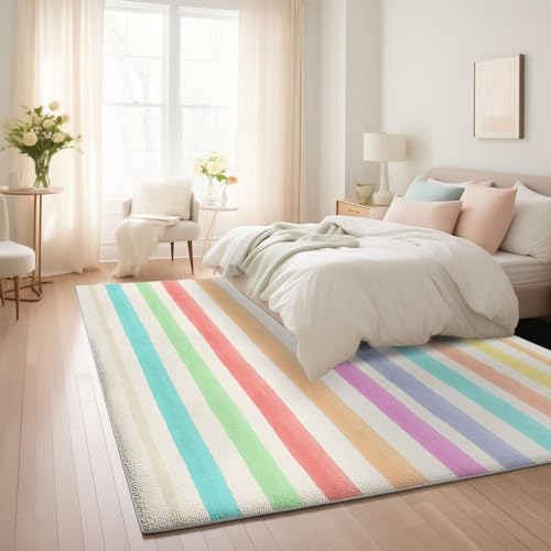 UUZEAI Kurzflor Teppich Schlafzimmer Moderner Bunte Streifen Design Weich rutschfest Waschbar Teppiche Groß für Wohnzimmer Kinderzimmer Eingangs Fußmatte(180x200cm) von UUZEAI
