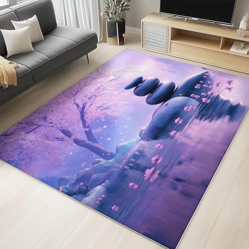 UUZEAI Kurzflor Teppich Schlafzimmer Ruhig Zen Kirschblütenbaum Design Dekor Teppiche für Wohnzimmer, Flur, Esszimmer, Weich Waschbare rutschfest Innen Bodenmatte Lila Blau 120x180cm von UUZEAI