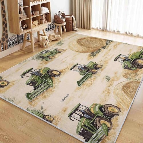 UUZEAI Länder Stil Wohnzimmerteppich, Cartoon Grüner Traktor Bauernhof Muster Teppiche, Schlafzimmer Kurzflor Waschbar Teppich Kinder rutschfeste Bodenmatte 140x200cm von UUZEAI