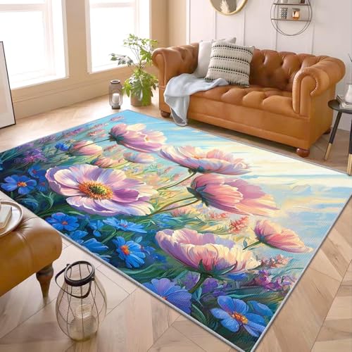 UUZEAI Lila Gänseblümchen Teppich Mädchen, Teppiche Wohnzimmer Aquarell Blumen, Weich Kurzflor Schlafzimmerteppich, Waschbar rutschfest Fussmatte Innen Kinderteppiche 120x210cm von UUZEAI