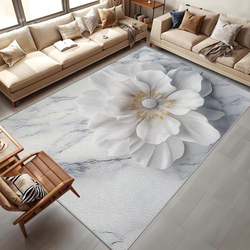 UUZEAI Luxus Teppiche Wohnzimmer, 3D Blumen mit Grau Weiß Marmor Hintergrund Design Teppich Schlafzimmer, Esszimmer, Flur Kurzflor Teppich Weich rutschfest Waschbar Teppiche 100x140cm von UUZEAI