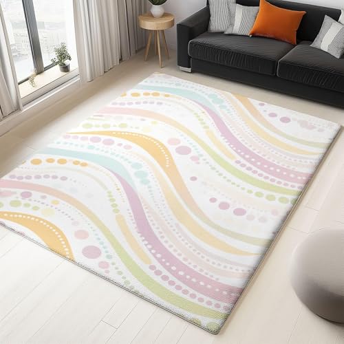 UUZEAI Mädchen Teppich Wohnzimmer Bunt Handgezeichnete Abstrakte Wellen Punkte Waschbarer rutschfest Weich Kurzflor Teppich für Kinderzimmer Schlafzimmer Waschküche(80x200cm) von UUZEAI
