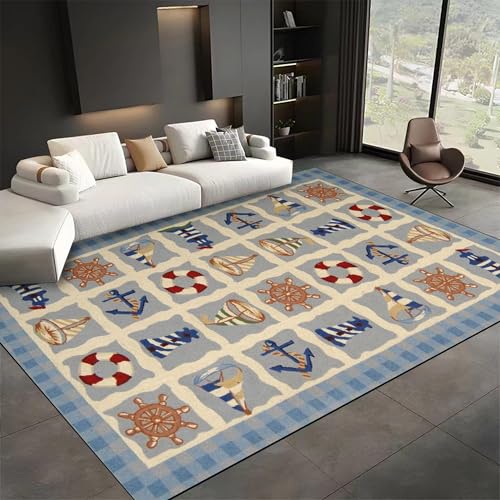 UUZEAI Maritim Design Teppich Wohnzimmer Schlafzimmer, Karikatur Küste Anker Ruder Leuchtturm Waschbar Kurzflor Weich rutschfest Teppich für Esszimmer, Küchen 200x290cm von UUZEAI