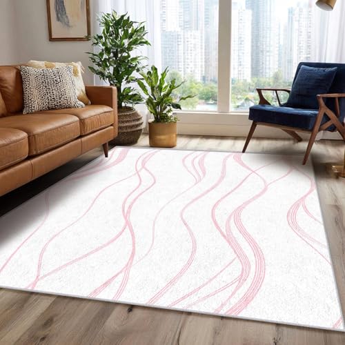 UUZEAI Minimalismus Teppich Wohnzimmer Linien Wellen Im Abstrakten Stil Kurzflor Teppiche für Schlafzimmer, Flur, Heimdekoration, Waschbar rutschfest Fußmatte, Weiß, Rosa(60x150cm) von UUZEAI