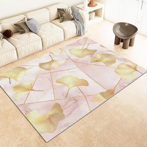UUZEAI Minimalistischer Stil Teppiche Schlafzimmer, Gold Ginkgoblatt Linien Kunst Marmor Textur Teppich, Waschbar Teppiche Wohnzimmer, rutschfest Kurzflor Flur Teppich 80x160cm von UUZEAI