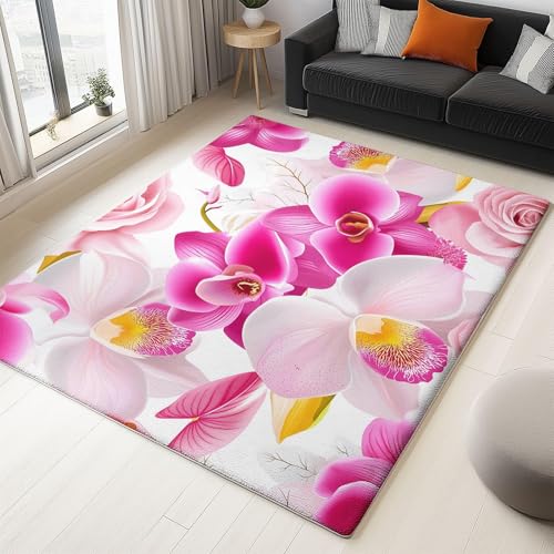UUZEAI Modern 3D Druck Teppich Wohnzimmer Rosen Magnolie Blumen Design Mädchen Rosa Kurzflor Teppich Waschbar rutschfest für Jugendzimmer, Schlafzimmer, Küche Bodenmatte(180x240cm) von UUZEAI