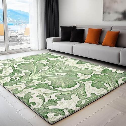 UUZEAI Modern 3D Drucken Teppich Kurzflor Wohnzimmer Grün Retro Zarte Pflanze Blätter Muster Waschbar Weich rutschfest Teppiche für Schlafzimmer, Esszimmer, Flur Deko(80x250cm) von UUZEAI