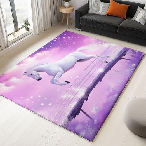 UUZEAI Modern Wohnzimmer Teppich Weiß Pferde für Teens Mädchen Waschbar Weich rutschfest Teppiche Kurzflor für Schlafzimmer Kinderzimmer Deko, Violett(80x200cm) von UUZEAI