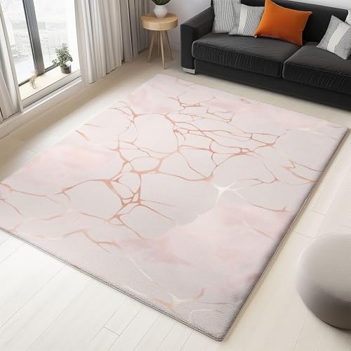 UUZEAI Moderner Abstrakt Teppich Wohnzimmer Minimalistischer Gold Rosa Linie Marmor Dekorativ Teppiche rutschfest Waschbar Fußmatte für Schlafzimmer, Flur, Esszimmer(60x90cm) von UUZEAI