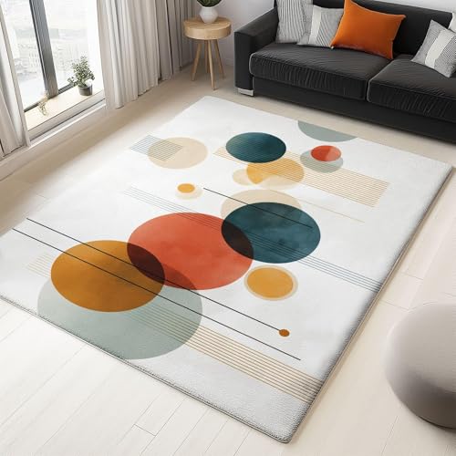 UUZEAI Moderner Schlafzimmerteppich aus der Mitte des Jahrhunderts, abstraktes geometrisches Muster, Kreise, Linien, rutschfest, waschbar, für Wohnzimmerdekoration (50 x 80 cm) von UUZEAI
