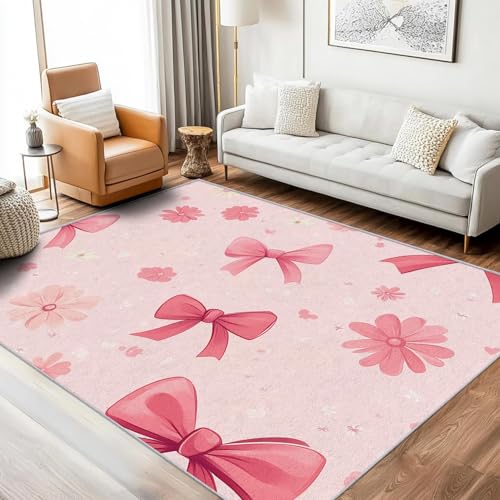 UUZEAI Niedlicher Schleife Blumen Teppich Wohnzimmer Mädchen Moderne Waschbar Rosa Teppiche Kurzflor für Schlafzimmer Kinderzimmer Deko, Weiche rutschfest Bodenmatte(80x160cm) von UUZEAI